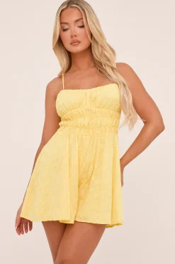 Rebellious Fashion Yellow Embroidered Shirring Detail Playsuit - Marlena