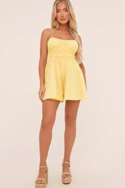 Rebellious Fashion Yellow Embroidered Shirring Detail Playsuit - Marlena