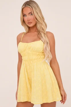 Rebellious Fashion Yellow Embroidered Shirring Detail Playsuit - Marlena