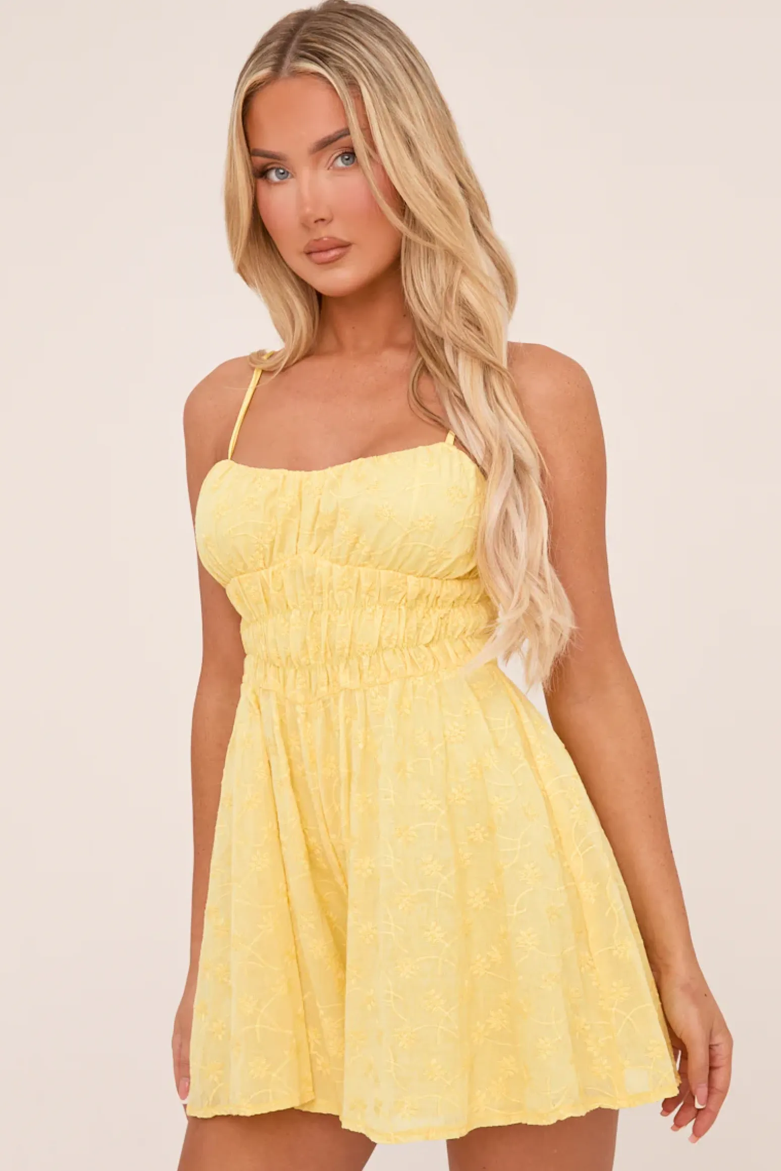 Rebellious Fashion Yellow Embroidered Shirring Detail Playsuit - Marlena