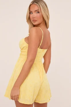 Rebellious Fashion Yellow Embroidered Shirring Detail Playsuit - Marlena