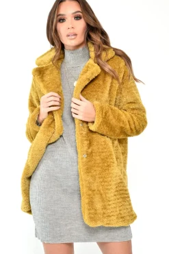 Rebellious Fashion Yellow Faux Fur Popper Button Coat - Clarisa