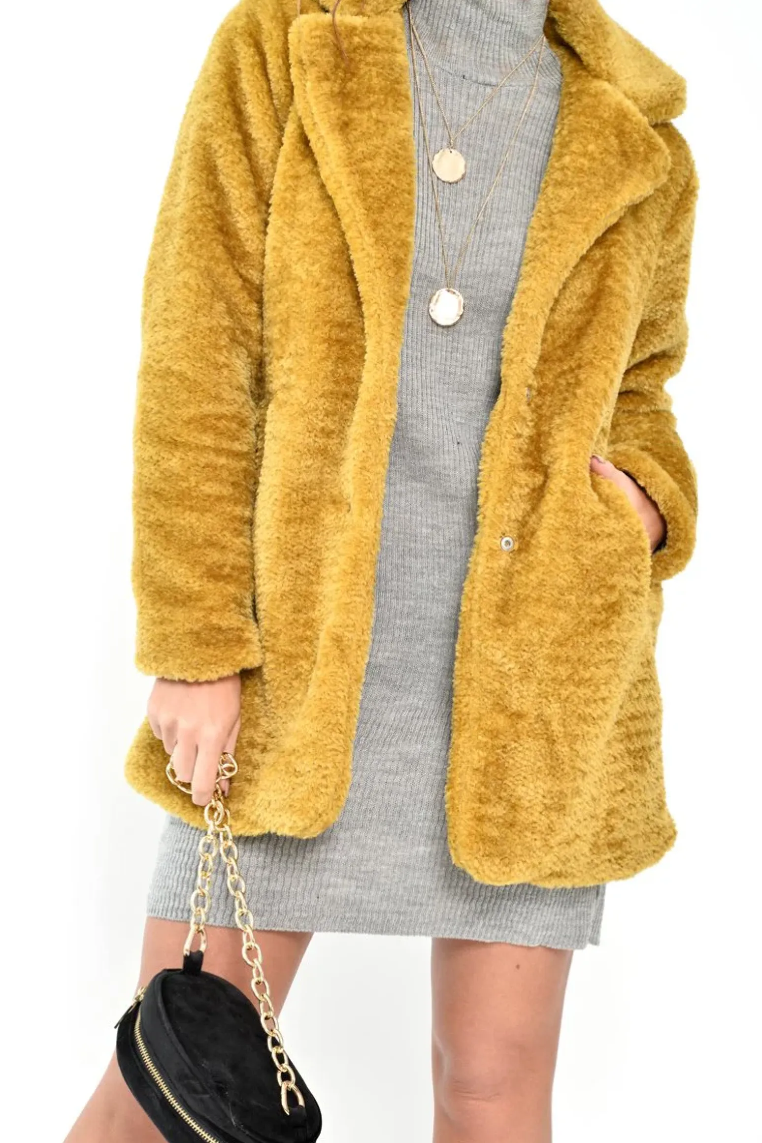 Rebellious Fashion Yellow Faux Fur Popper Button Coat - Clarisa