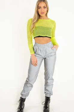 Rebellious Fashion Yellow Fish Net Long Sleeved Crop Top - Ivory