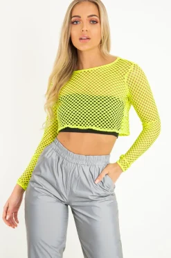 Rebellious Fashion Yellow Fish Net Long Sleeved Crop Top - Ivory