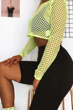 Rebellious Fashion Yellow Fish Net Long Sleeved Crop Top - Ivory
