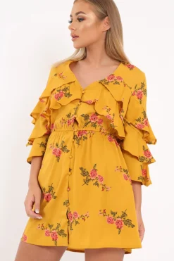 Rebellious Fashion Yellow Floral Button Up Dress - Jenine