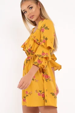 Rebellious Fashion Yellow Floral Button Up Dress - Jenine