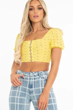 Rebellious Fashion Yellow Floral Hook And Eye Puff Sleeve Crop Top - Libbie