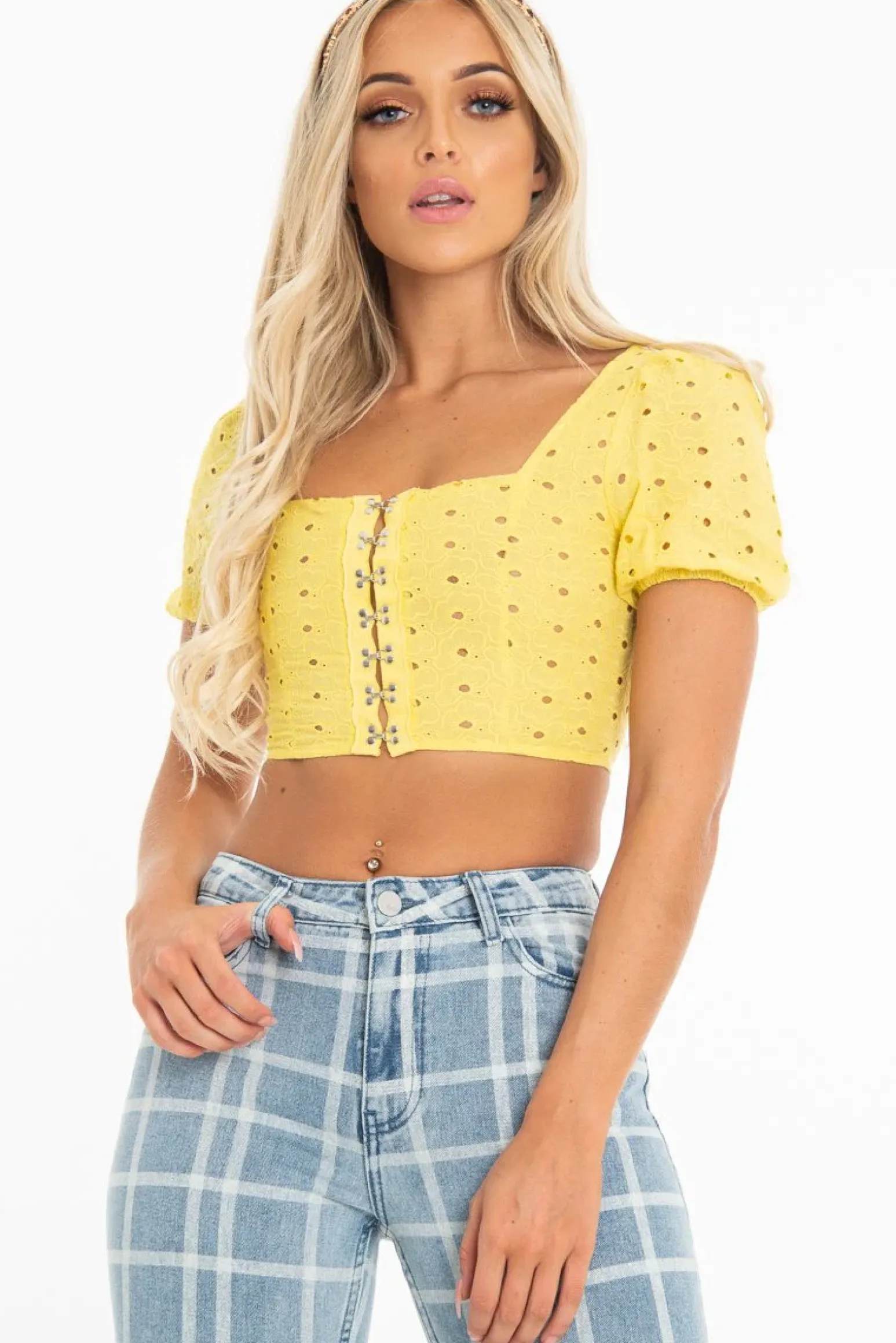 Rebellious Fashion Yellow Floral Hook And Eye Puff Sleeve Crop Top - Libbie