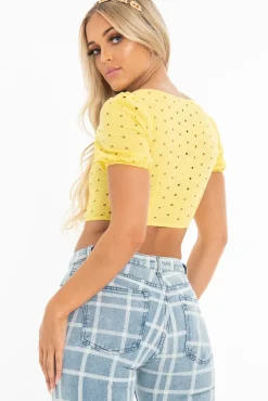 Rebellious Fashion Yellow Floral Hook And Eye Puff Sleeve Crop Top - Libbie
