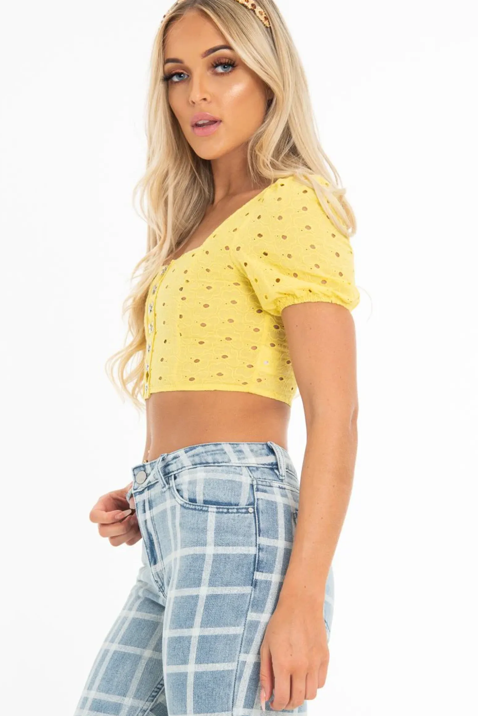 Rebellious Fashion Yellow Floral Hook And Eye Puff Sleeve Crop Top - Libbie