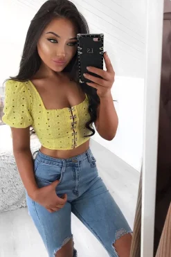 Rebellious Fashion Yellow Floral Hook And Eye Puff Sleeve Crop Top - Libbie