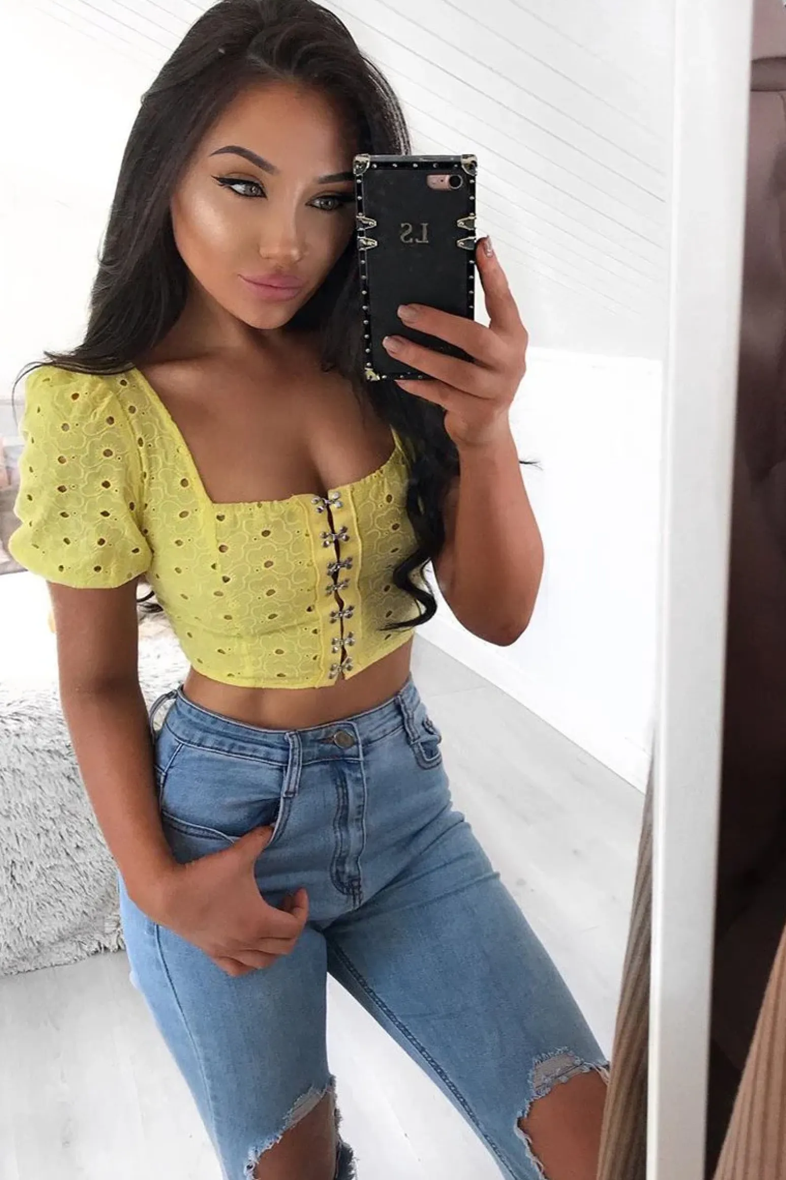Rebellious Fashion Yellow Floral Hook And Eye Puff Sleeve Crop Top - Libbie