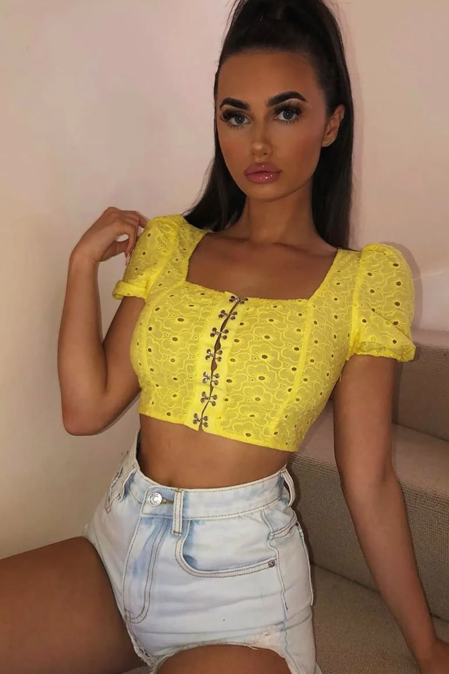 Rebellious Fashion Yellow Floral Hook And Eye Puff Sleeve Crop Top - Libbie
