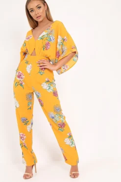 Rebellious Fashion Yellow Floral Kimono Sleeve Jumpsuit - Pilar