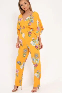 Rebellious Fashion Yellow Floral Kimono Sleeve Jumpsuit - Pilar