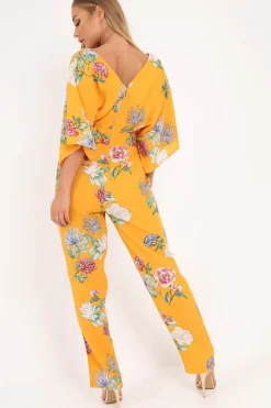 Rebellious Fashion Yellow Floral Kimono Sleeve Jumpsuit - Pilar