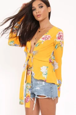 Rebellious Fashion Yellow Floral Plunge Tie Front Shirt - Halina