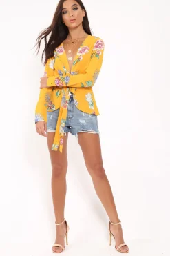 Rebellious Fashion Yellow Floral Plunge Tie Front Shirt - Halina