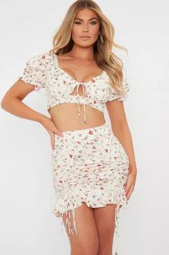 Rebellious Fashion Yellow Floral Print Crop Top & Frill Skirt Set - Abryana