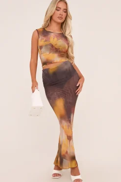 Rebellious Fashion Yellow Floral Print Cut Out Back Crop Top & Maxi Skirt Co-ord Set - Azari