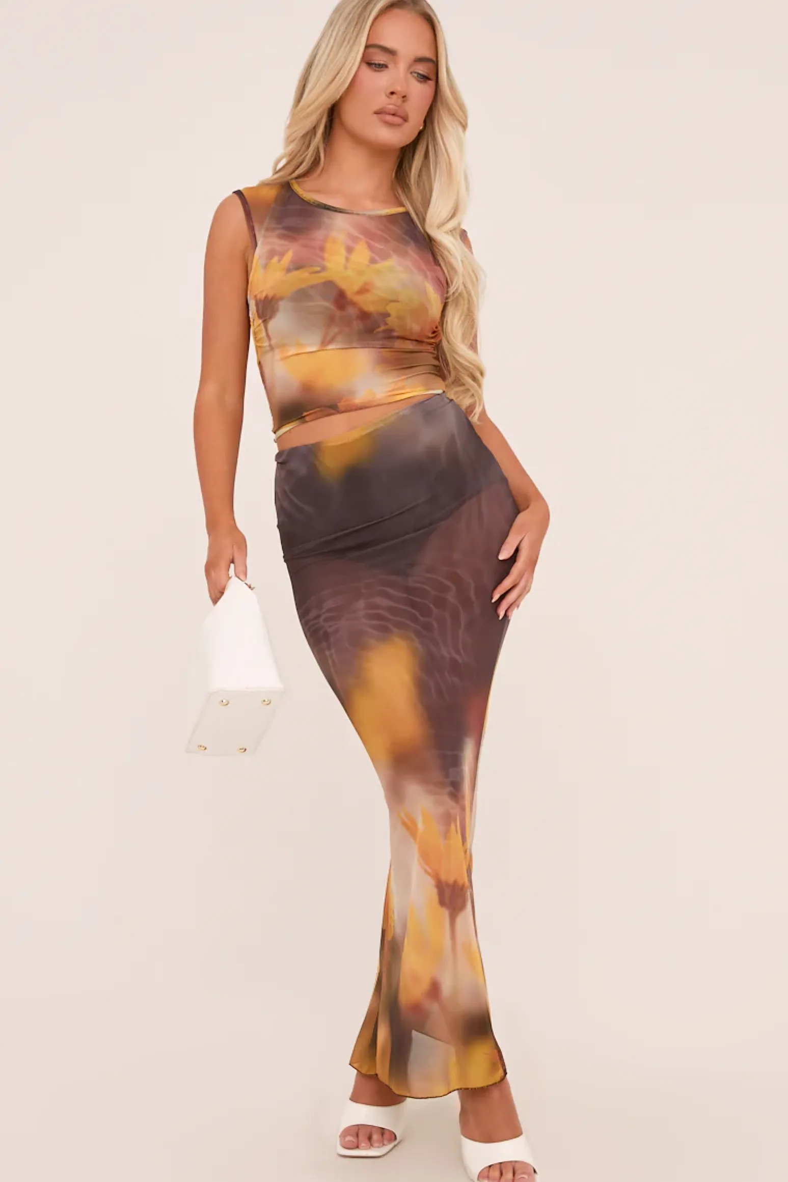 Rebellious Fashion Yellow Floral Print Cut Out Back Crop Top & Maxi Skirt Co-ord Set - Azari