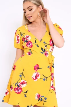 Rebellious Fashion Yellow Floral Wrap Dress with Puff Sleeves - Phenix