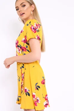 Rebellious Fashion Yellow Floral Wrap Dress with Puff Sleeves - Phenix