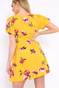 Rebellious Fashion Yellow Floral Wrap Dress with Puff Sleeves - Phenix