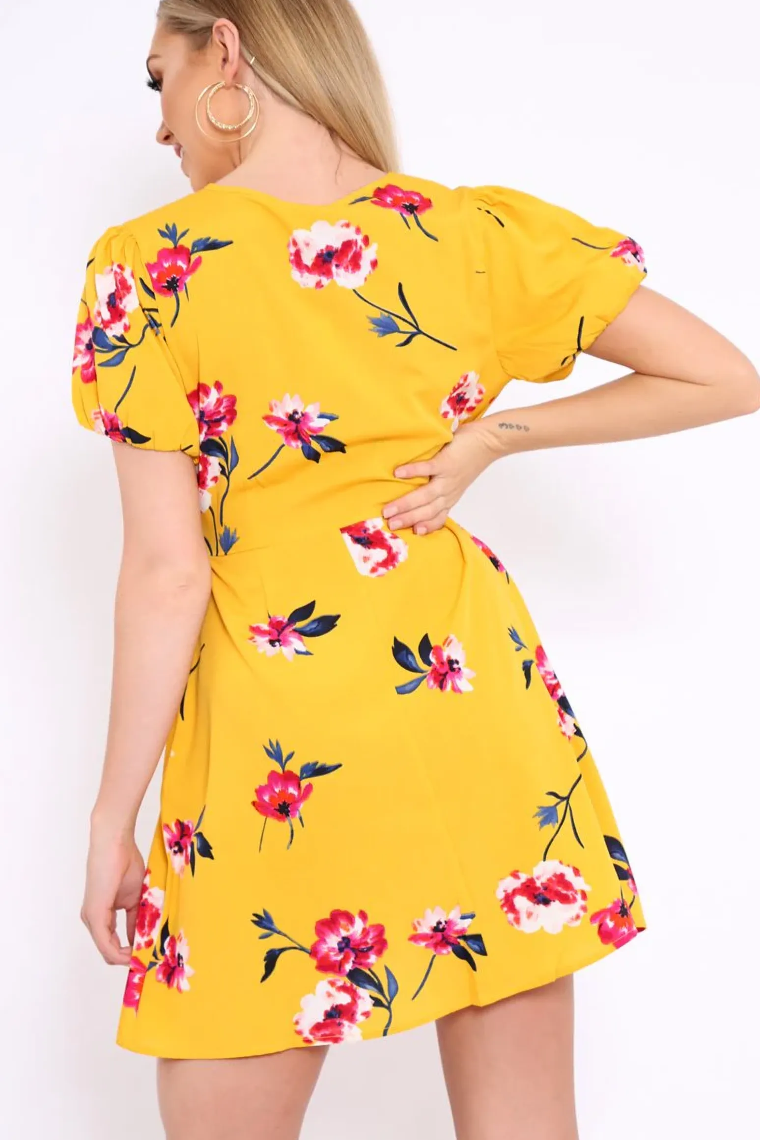 Rebellious Fashion Yellow Floral Wrap Dress with Puff Sleeves - Phenix