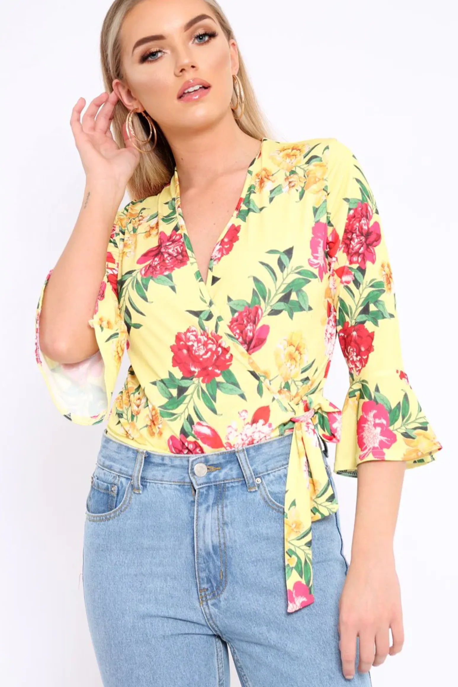 Rebellious Fashion Yellow Floral Wrap Side Tie Bodysuit - Lincy