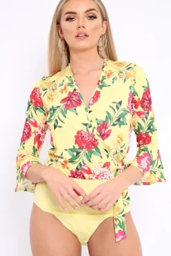 Rebellious Fashion Yellow Floral Wrap Side Tie Bodysuit - Lincy
