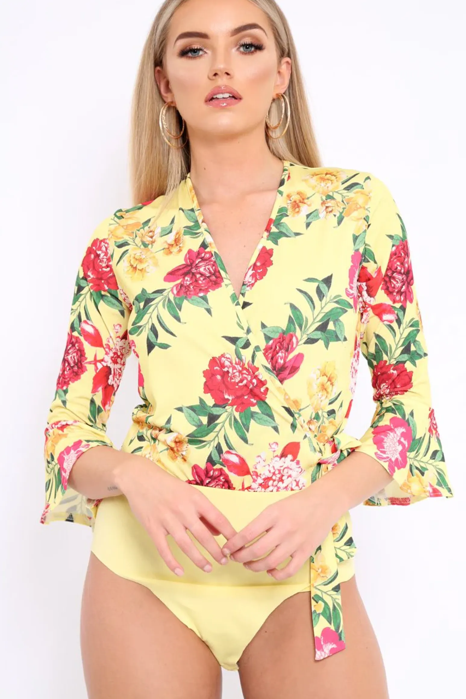 Rebellious Fashion Yellow Floral Wrap Side Tie Bodysuit - Lincy