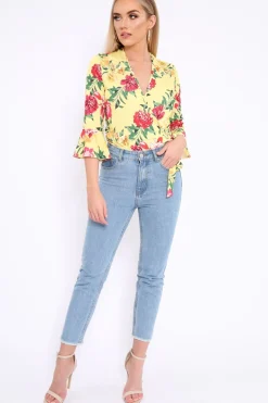 Rebellious Fashion Yellow Floral Wrap Side Tie Bodysuit - Lincy