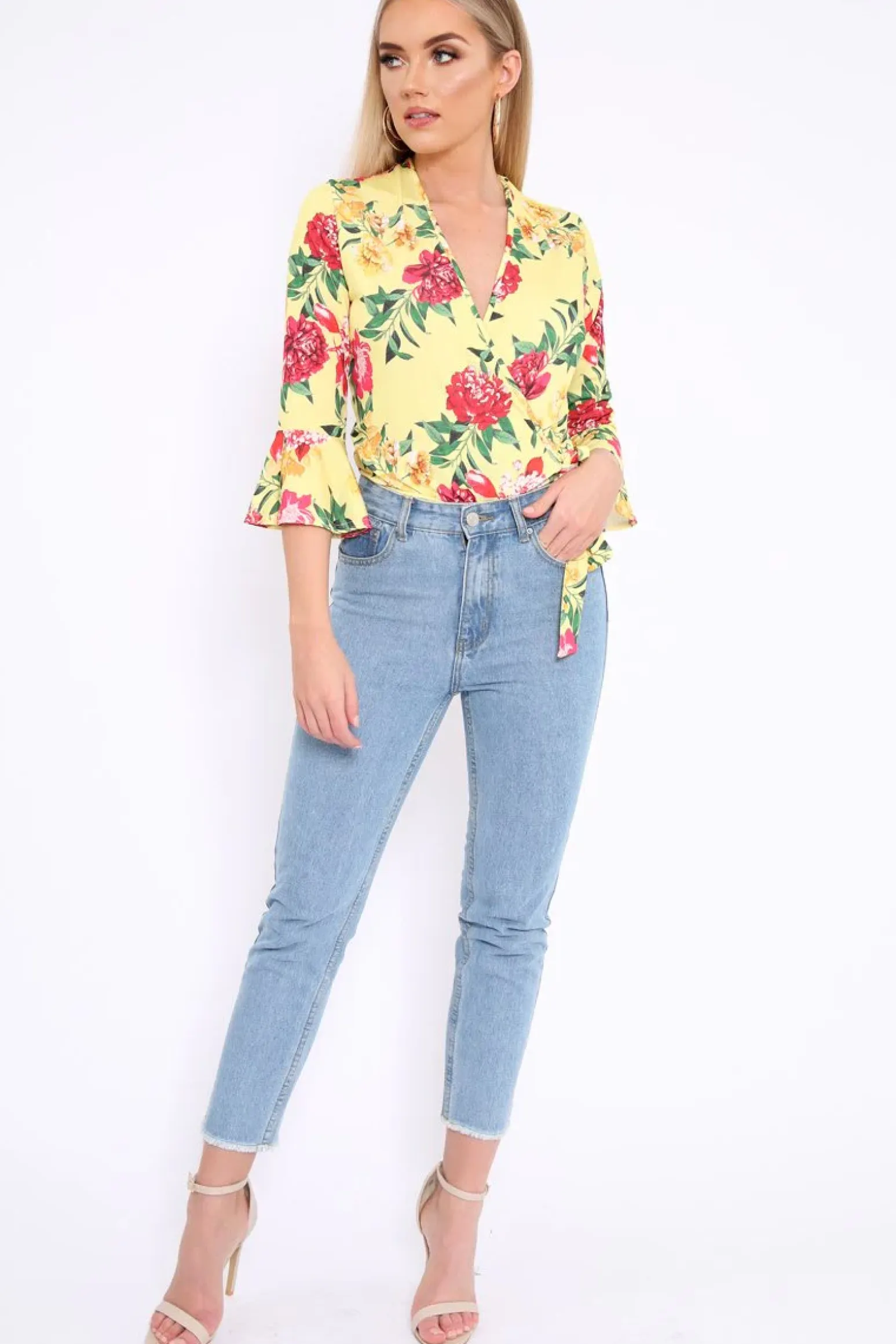 Rebellious Fashion Yellow Floral Wrap Side Tie Bodysuit - Lincy