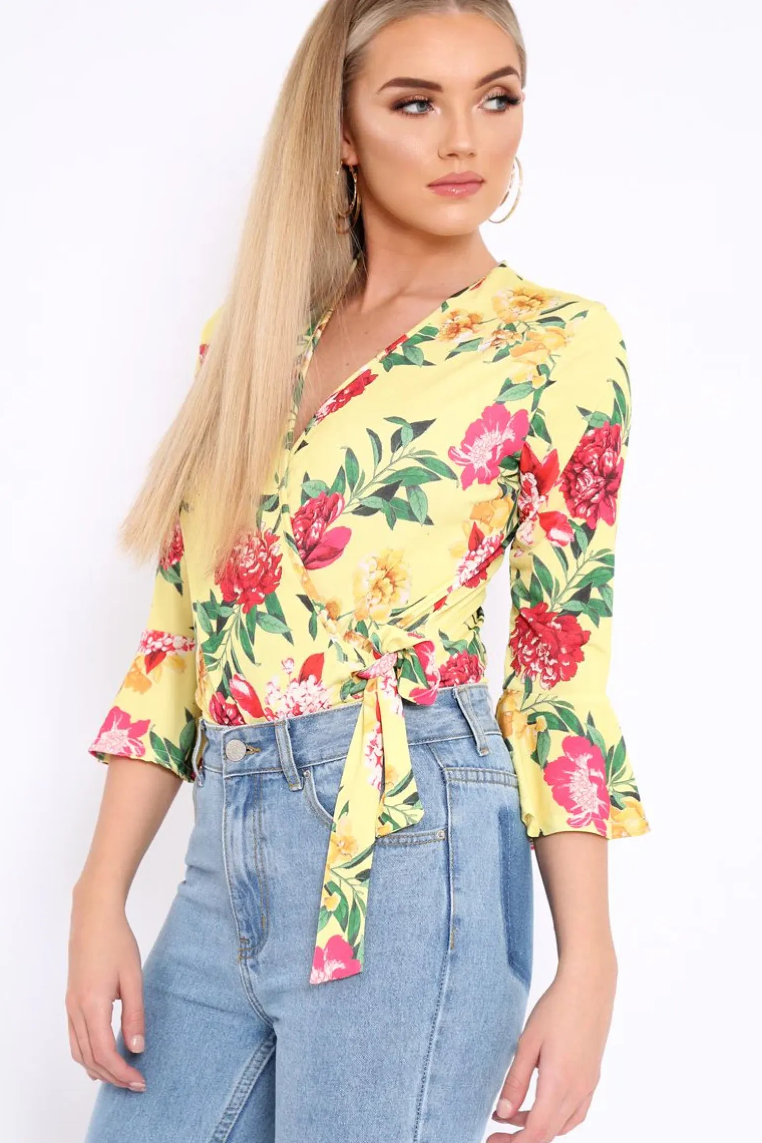 Rebellious Fashion Yellow Floral Wrap Side Tie Bodysuit - Lincy