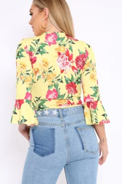 Rebellious Fashion Yellow Floral Wrap Side Tie Bodysuit - Lincy