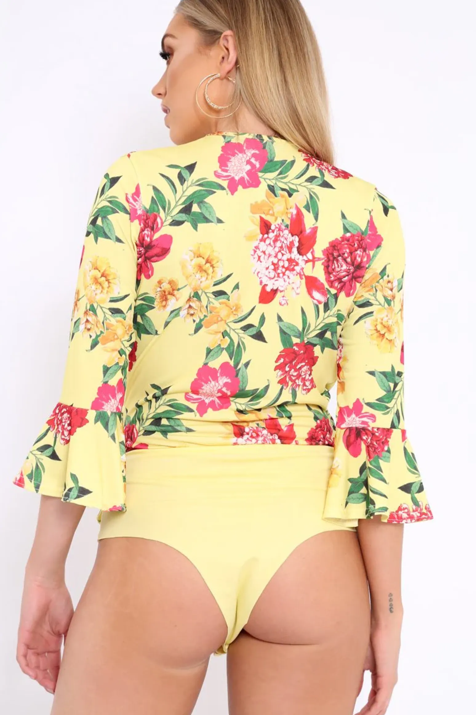 Rebellious Fashion Yellow Floral Wrap Side Tie Bodysuit - Lincy