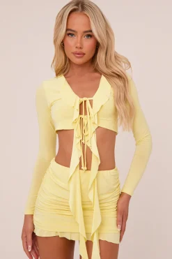 Rebellious Fashion Yellow Frill Detail Cropped Top & Mini Skirt Co-ord Set - Destiny