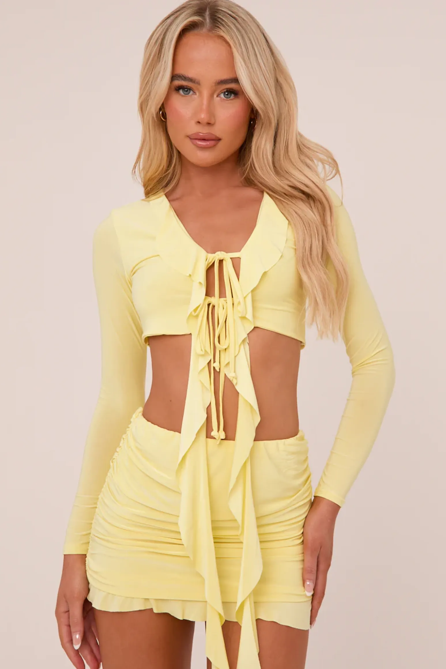 Rebellious Fashion Yellow Frill Detail Cropped Top & Mini Skirt Co-ord Set - Destiny