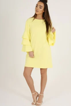 Rebellious Fashion Yellow Frilled Sleeve Swing Dress - Aaria