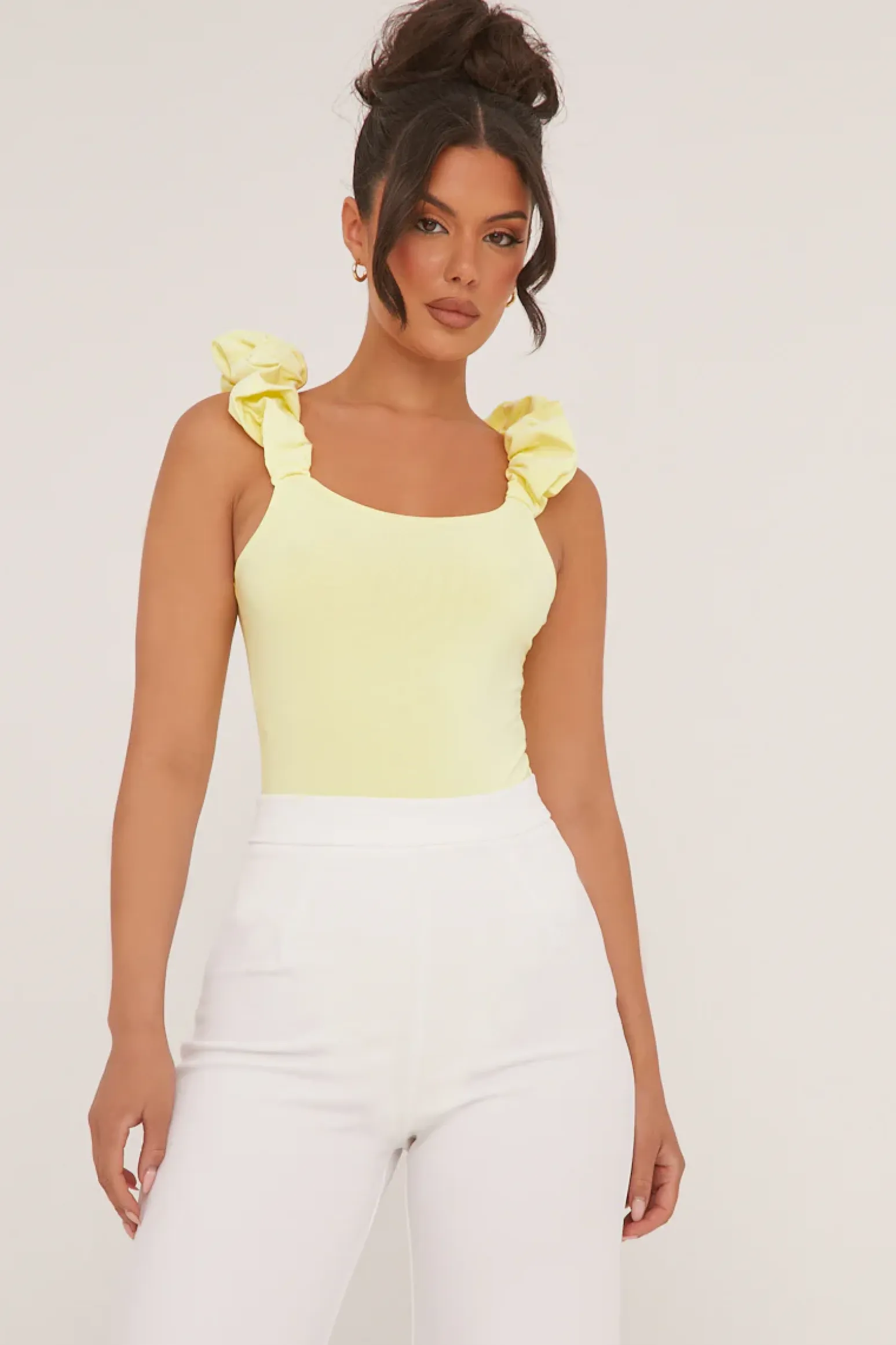Rebellious Fashion Yellow Frill Straps Square Neck Bodysuit - Olivia