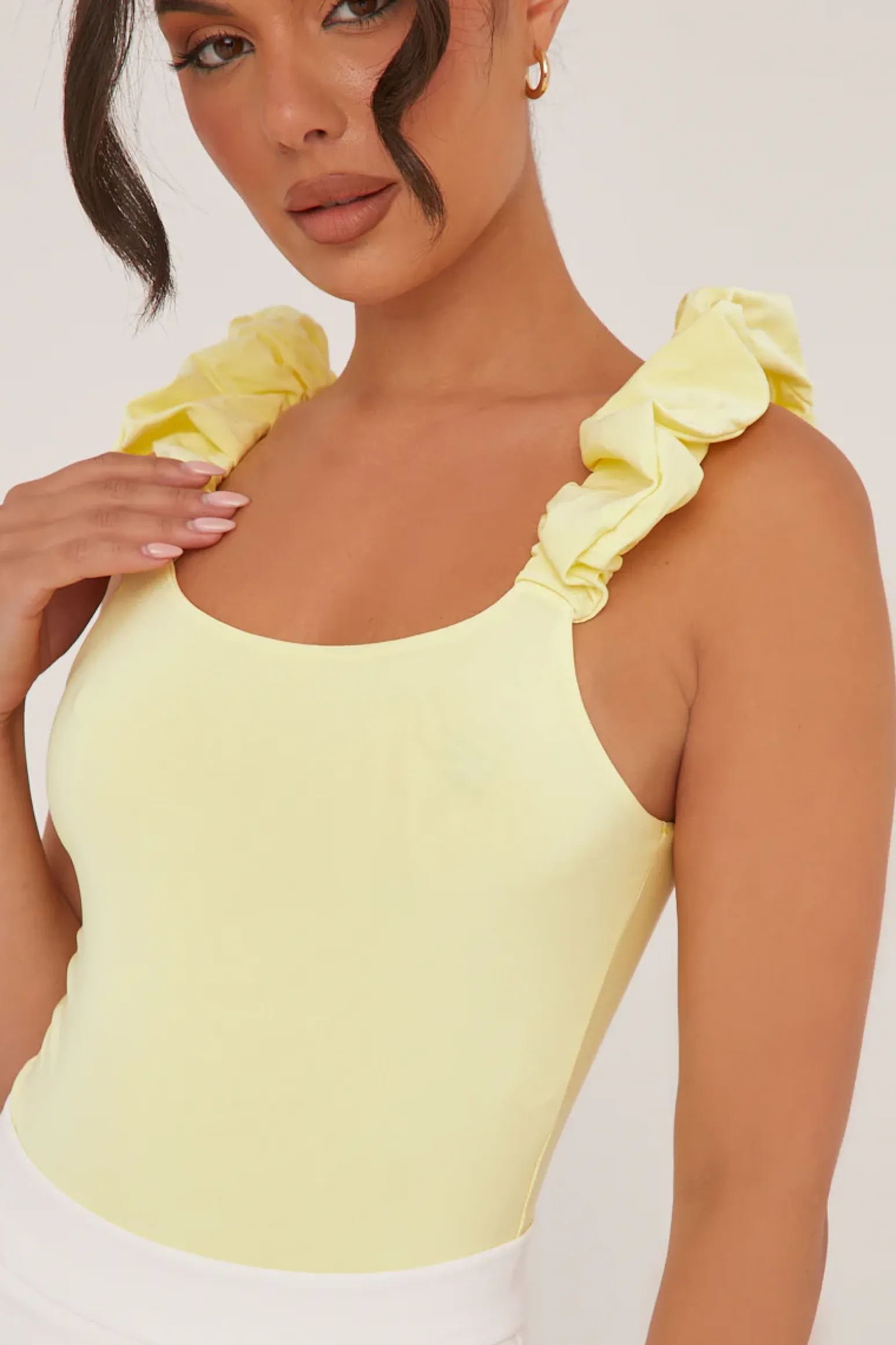 Rebellious Fashion Yellow Frill Straps Square Neck Bodysuit - Olivia