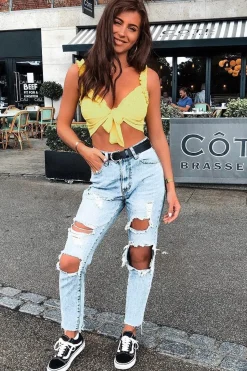 Rebellious Fashion Yellow Frill Tie Front Crop Top - Adali