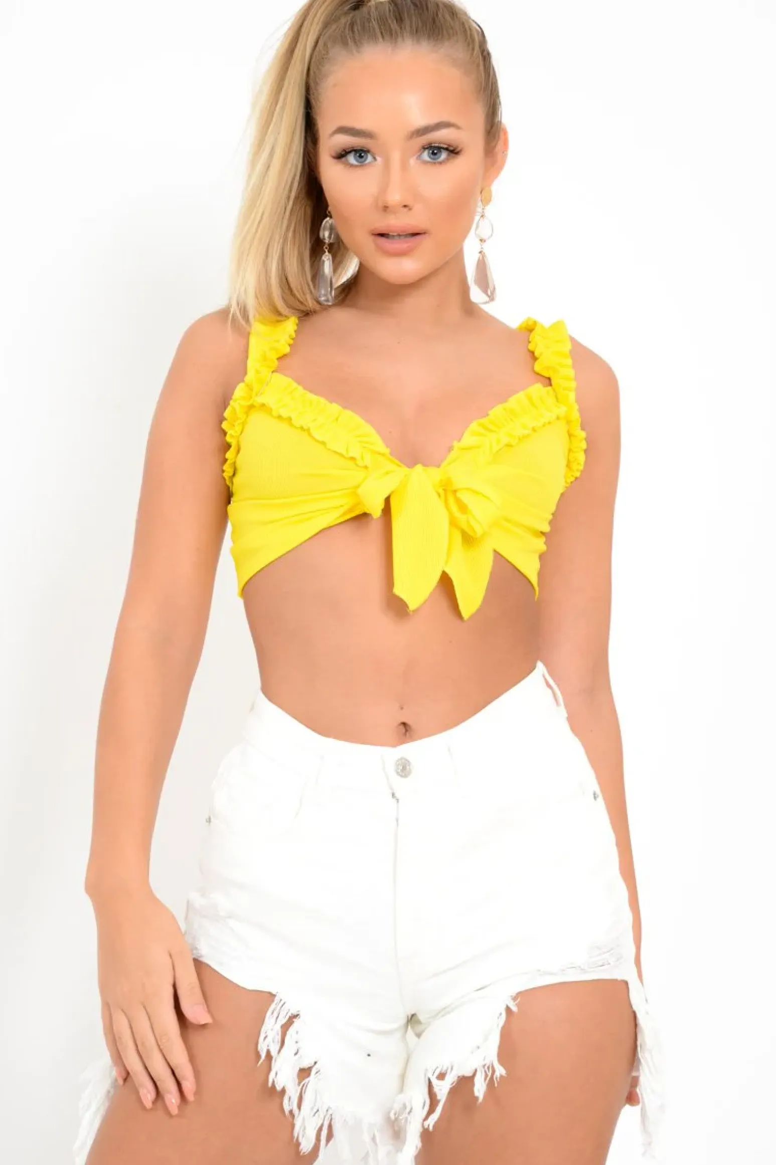 Rebellious Fashion Yellow Frill Tie Front Crop Top - Adali