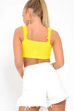 Rebellious Fashion Yellow Frill Tie Front Crop Top - Adali