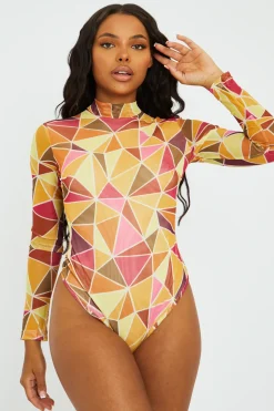 Rebellious Fashion Yellow Geometric Pattern Mesh Bodysuit - Bee