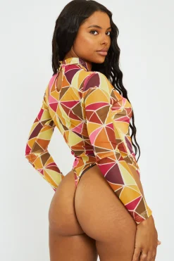 Rebellious Fashion Yellow Geometric Pattern Mesh Bodysuit - Bee
