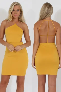 Rebellious Fashion Yellow Halterneck Strappy Mini Dress - Brenda